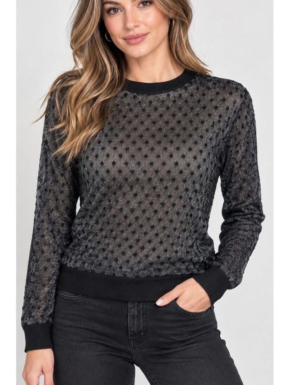 Zara Collection Metallic Black Knit Sweater Women's Dotted Shimmer Crewneck Y2K